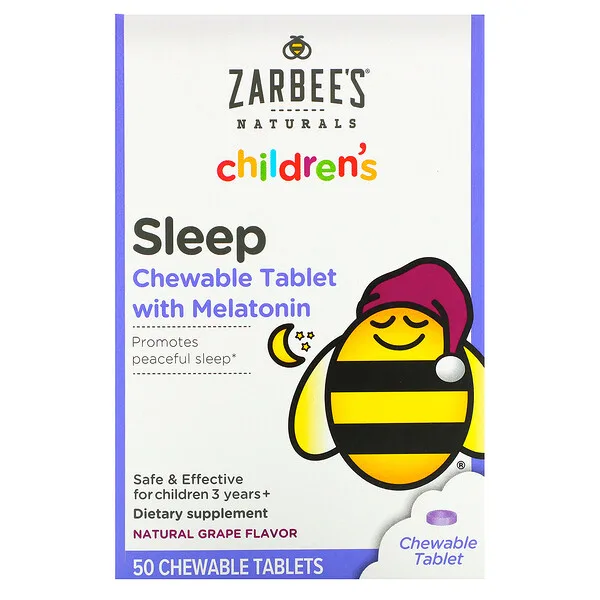 Zarbee's, Детские таблетки для улучшения сна с мелатонином, натуральный виноградный вкус, для детей от 3 лет,50 жевательных таблеток