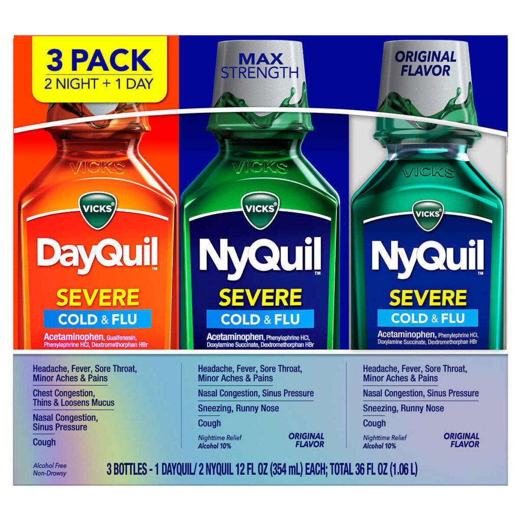 Nyquil Сироп от кашля при тяжелой простуде и гриппе 3 флакона 354 мл (1,06 литра)