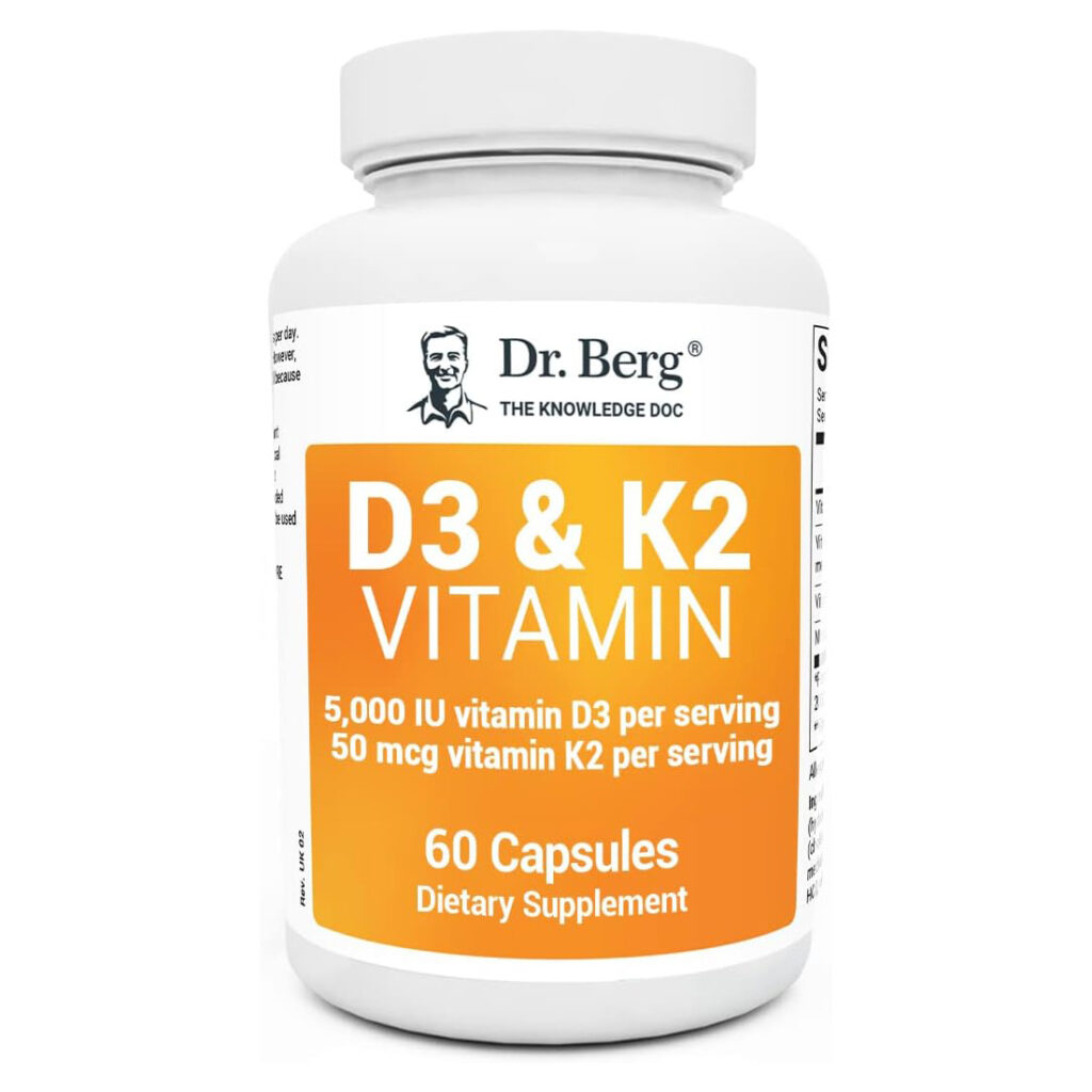 Добавка Dr. Berg’s с витамином D3 и K2  — включает 5000 МЕ витамина D3, 50 мкг витамина K2 MK7 — 60 капсул