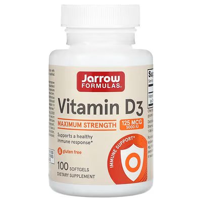 Jarrow Formulas, Витамин D3, максимальная эффективность, 125 мкг (5000 МЕ), 100 мягких таблеток