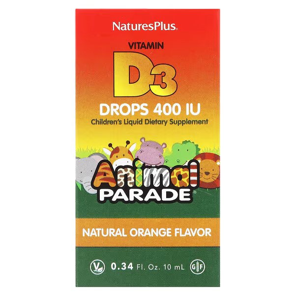 NaturesPlus, Source of Life, Animal Parade, витамин D3 в каплях, с натуральным апельсиновым вкусом, 400 МЕ, 10 мл