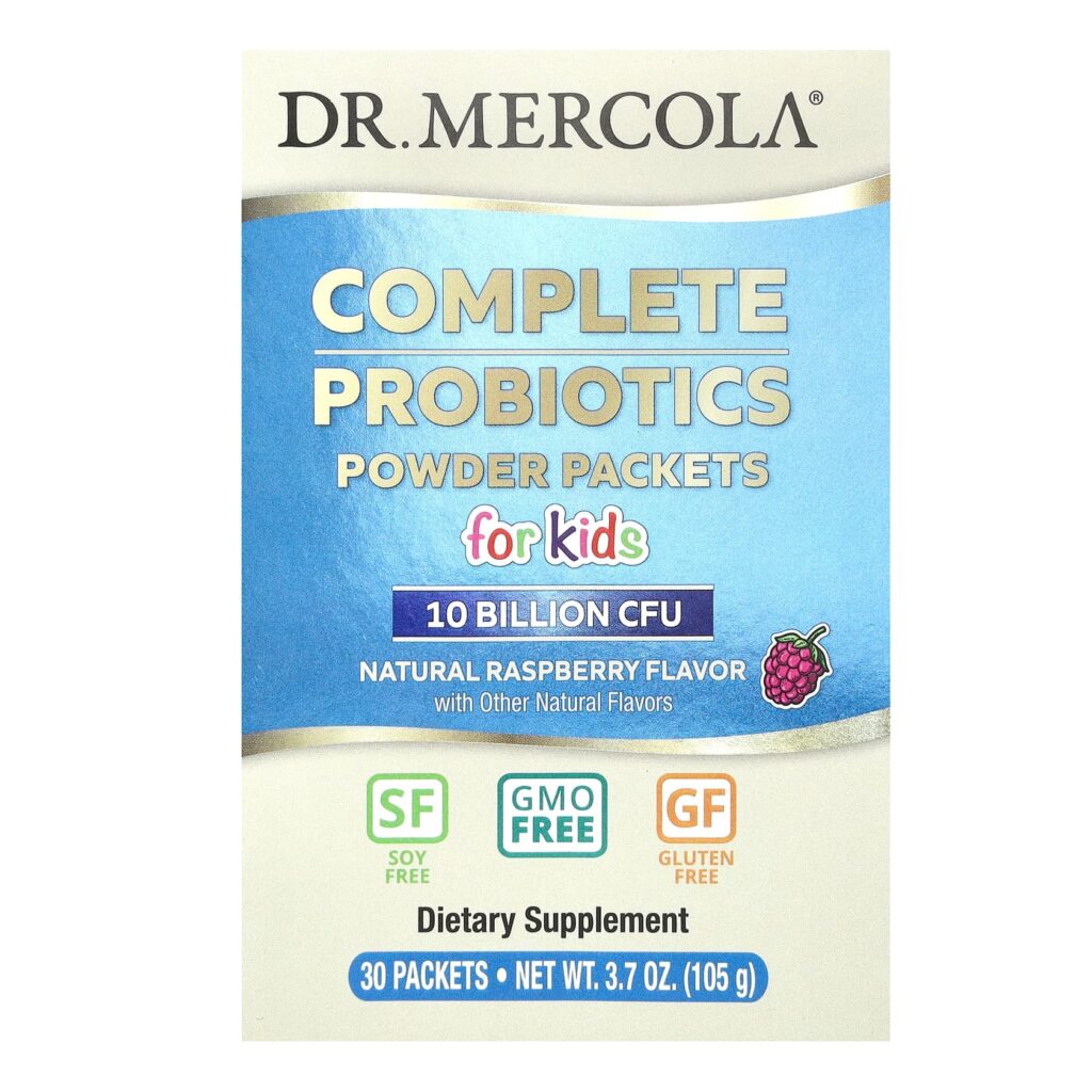 Dr. Mercola, комплекс пробиотиков для детей в виде порошка в пакетиках, натуральный малиновый вкус, 10 млрд КОЕ, 30 пакетиков, по 3,5 г