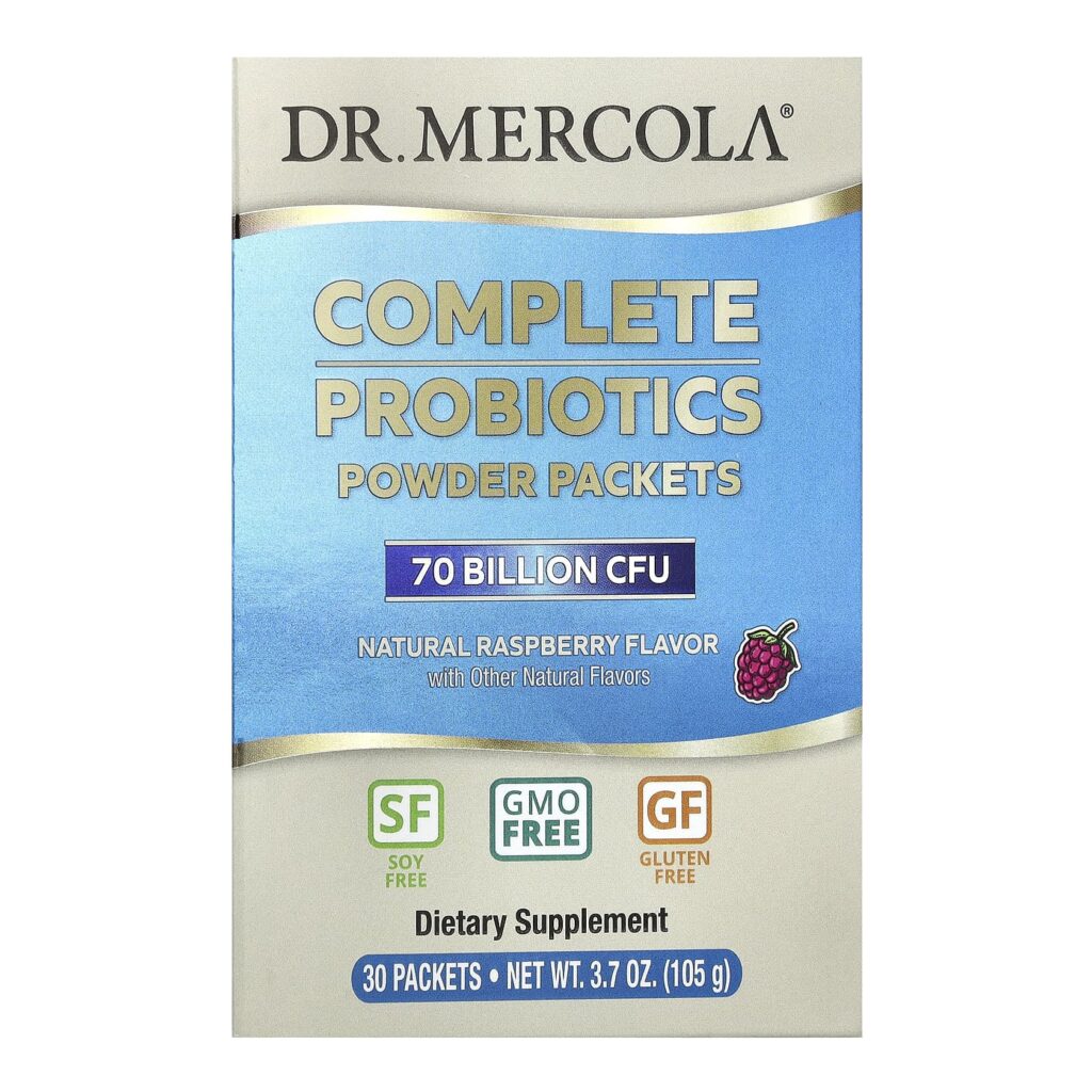 Dr. Mercola, комплекс пробиотиков в виде порошка в пакетиках, натуральный малиновый вкус, 70 млрд КОЕ, 30 пакетиков, по 3,5 г
